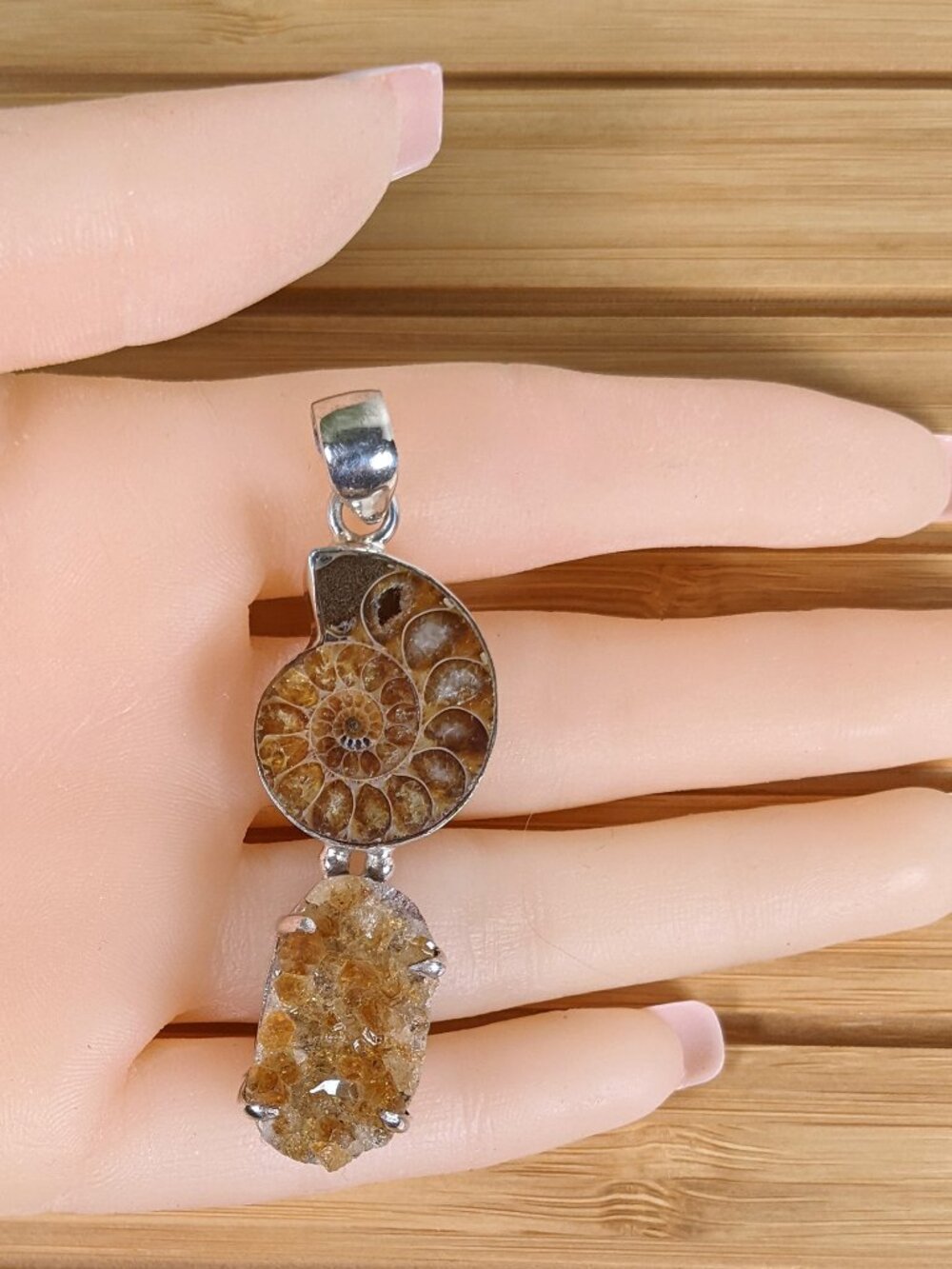 Ammonite Fossil and Natural Citrine Druzy Sterling Silver 925 Pendant NEW
